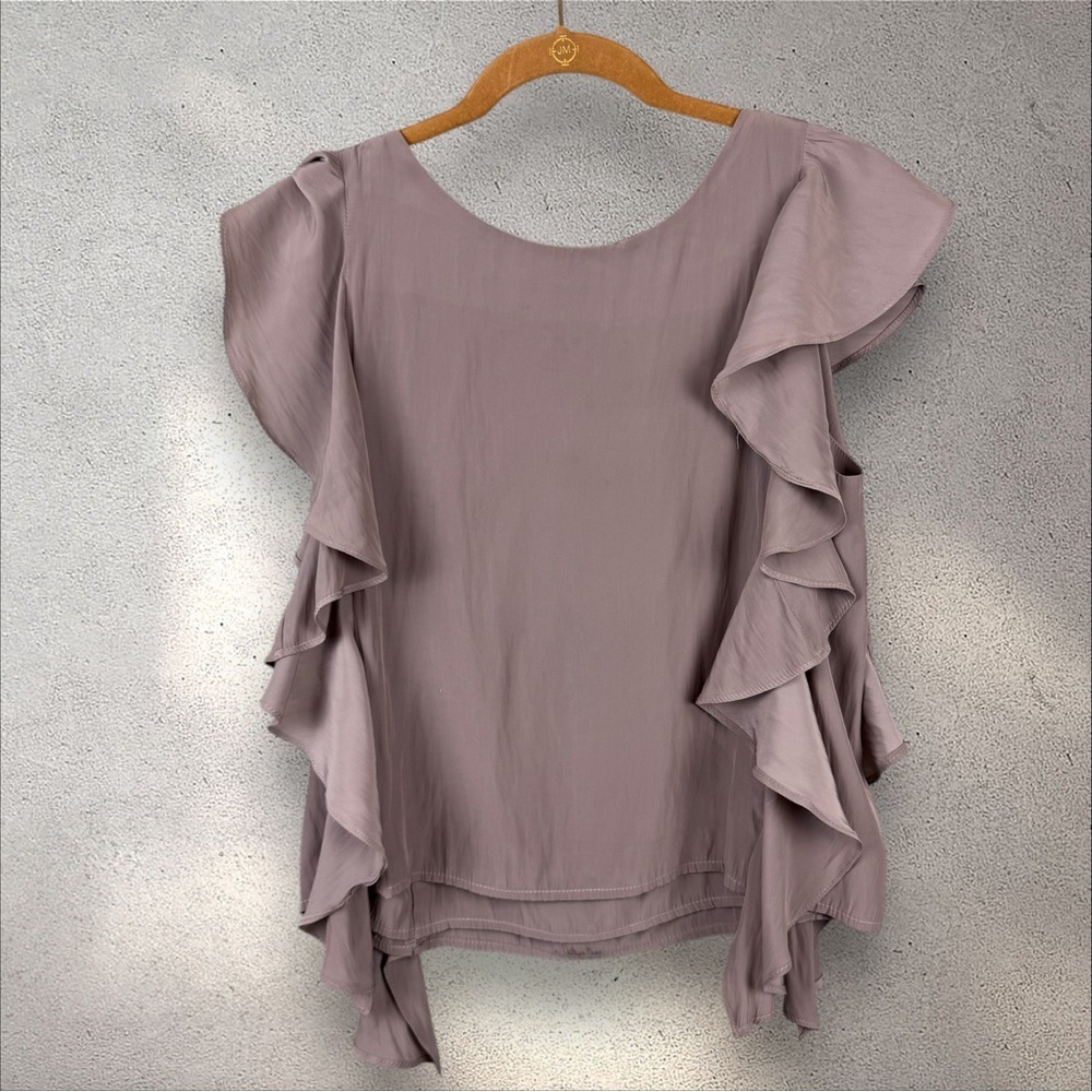 Koch Cafe Cara Top Blouse Satin Ruffle‎ Tan Beige Sz XS - Picture 4 of 8